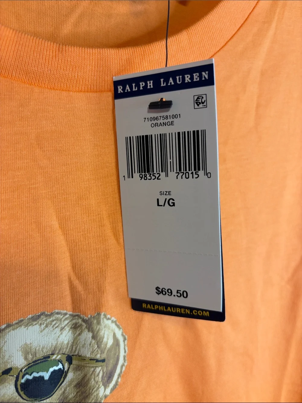 Polo by Ralph Lauren Classic Fit Bright Orange Bear Tee Size L NWT